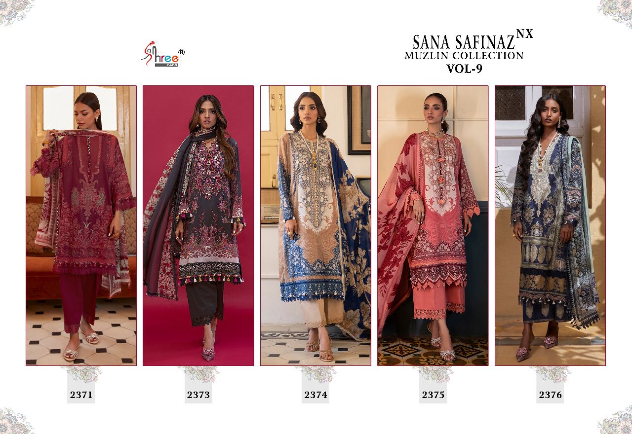 shree fabs sana safinaz muzlin collection vol 9 cotton salwar suit with chiffon dupatta catalog