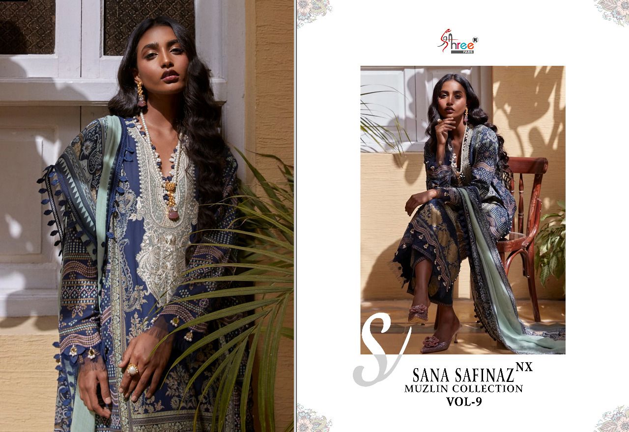 shree fabs sana safinaz muzlin collection vol 9 cotton salwar suit with chiffon dupatta catalog