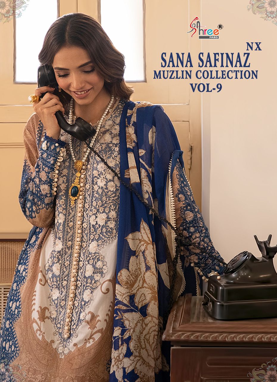 shree fabs sana safinaz muzlin collection vol 9 cotton salwar suit with chiffon dupatta catalog