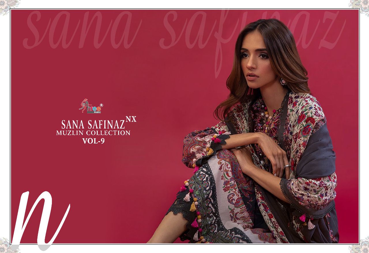 shree fabs sana safinaz muzlin collection vol 9 cotton salwar suit with chiffon dupatta catalog