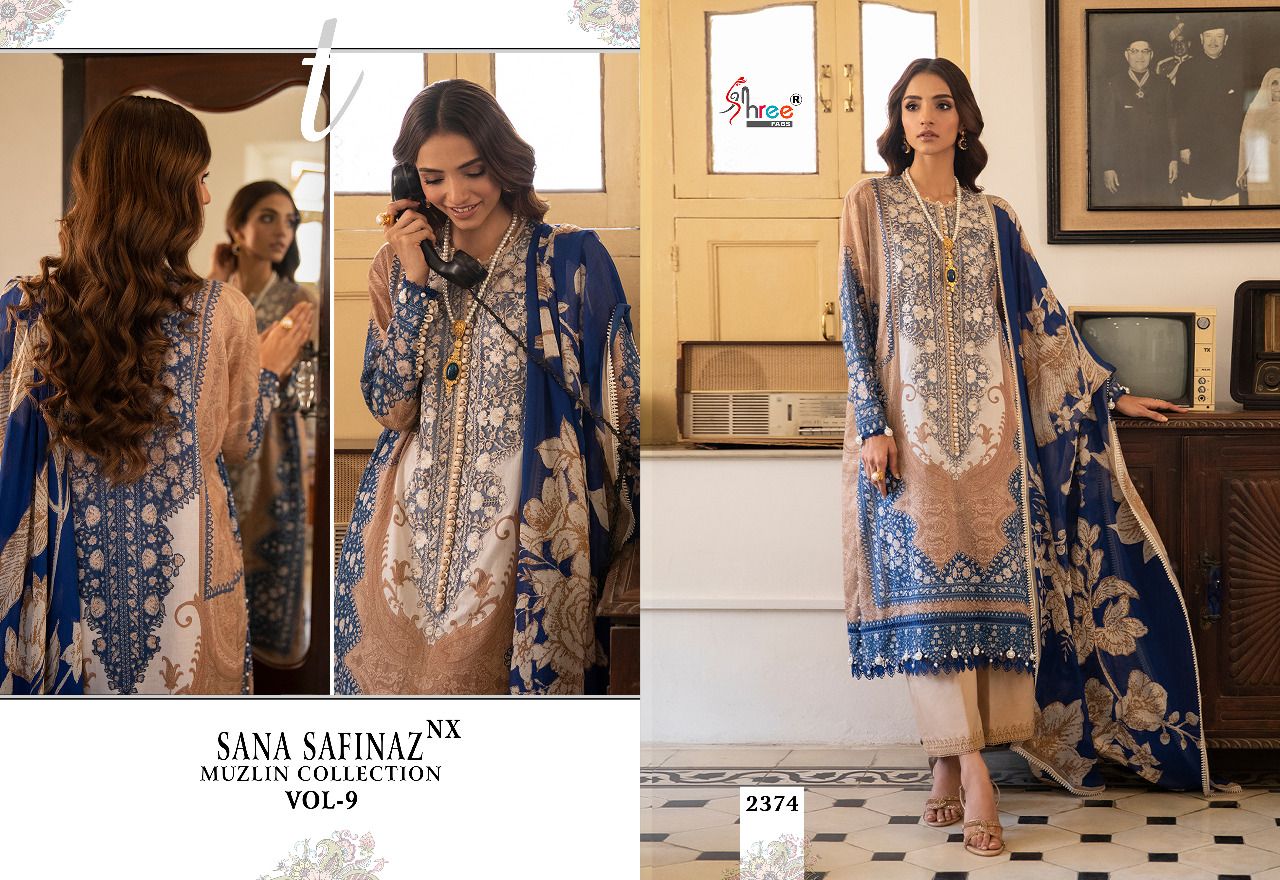 shree fabs sana safinaz muzlin collection vol 9 cotton salwar suit with chiffon dupatta catalog