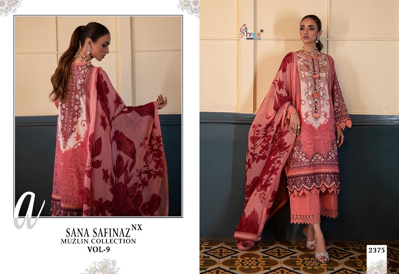 shree fabs sana safinaz muzlin collection vol 9 cotton salwar suit with chiffon dupatta catalog