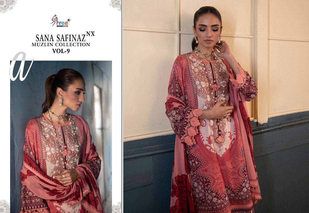 shree fabs sana safinaz muzlin collection vol 9 cotton salwar suit with chiffon dupatta catalog