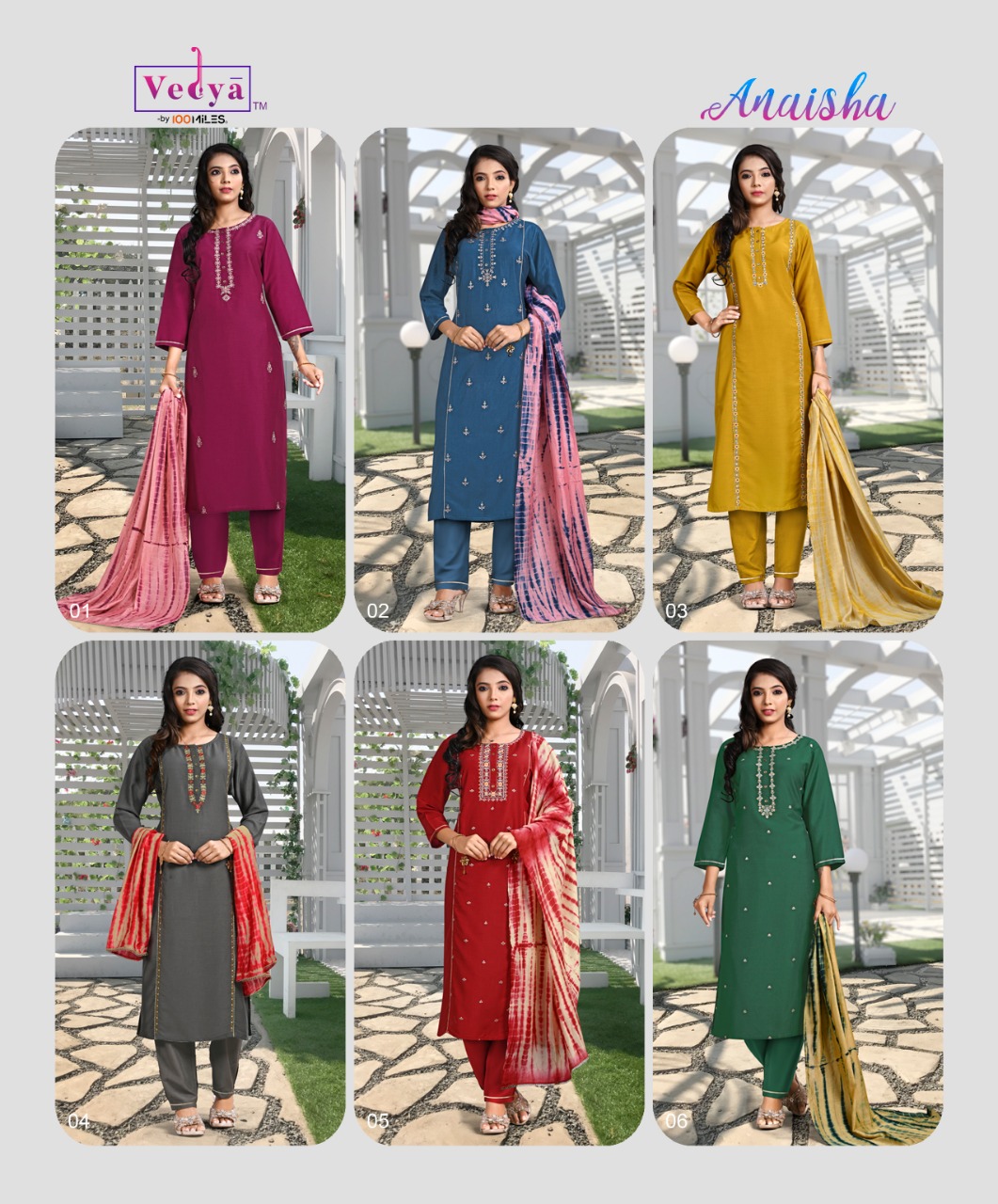 vedya anaisha pv silk decent look top with pant and dupatta catalog