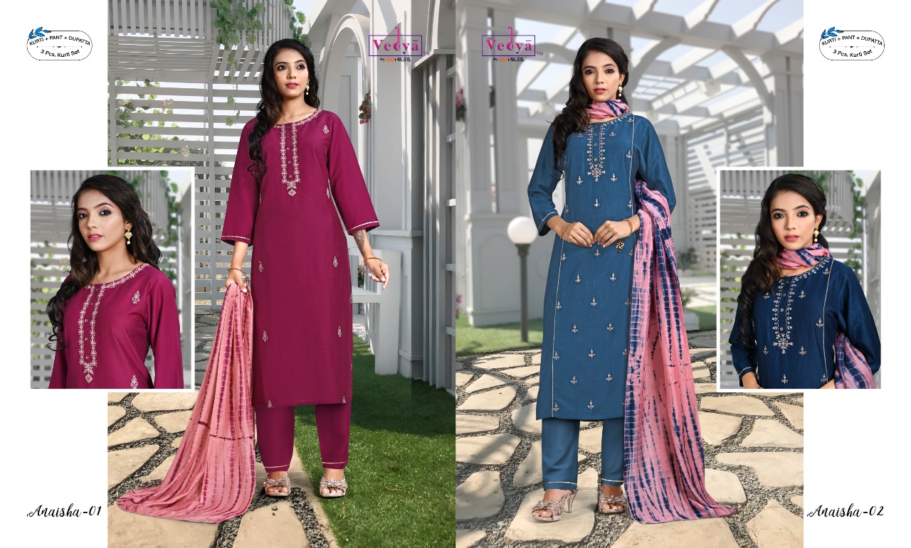 vedya anaisha pv silk decent look top with pant and dupatta catalog