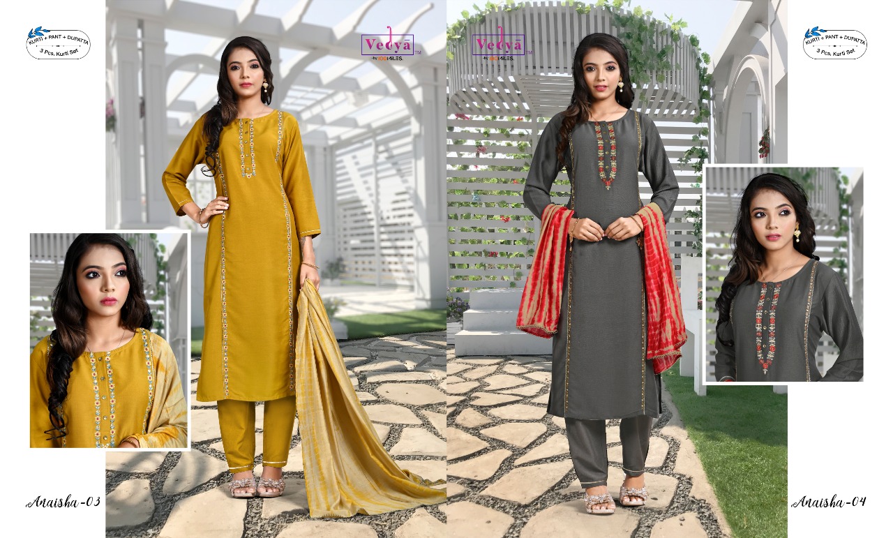 vedya anaisha pv silk decent look top with pant and dupatta catalog