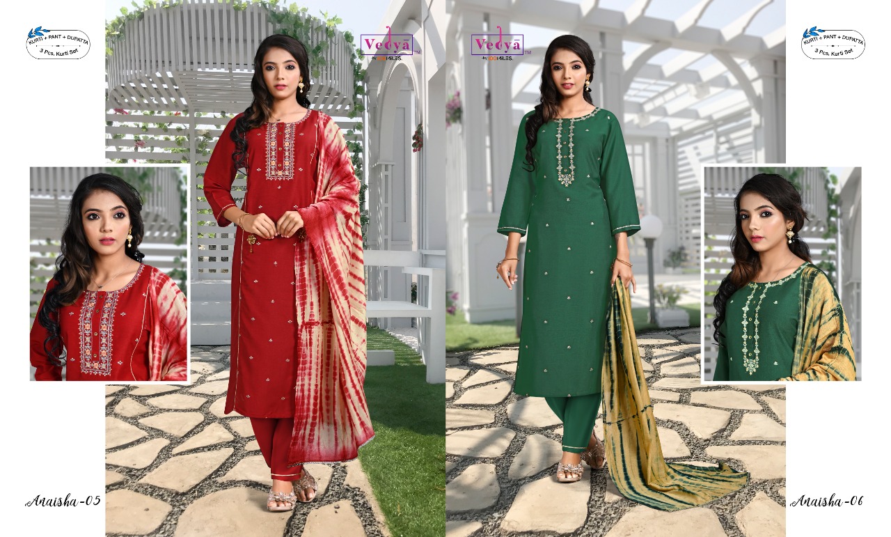 vedya anaisha pv silk decent look top with pant and dupatta catalog