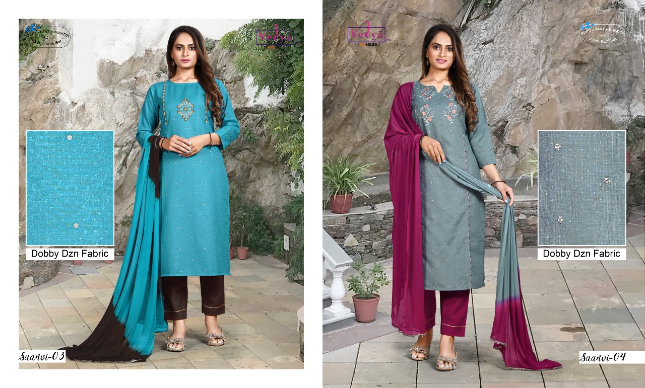 vedya saanvi pc slub attractive look kurti pant with dupatta catalog