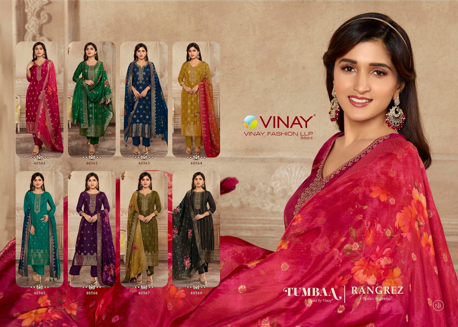 vinay fashion Tumbaa rangrez viscose dola jacquard regal look kurti pant with dupatta catalog