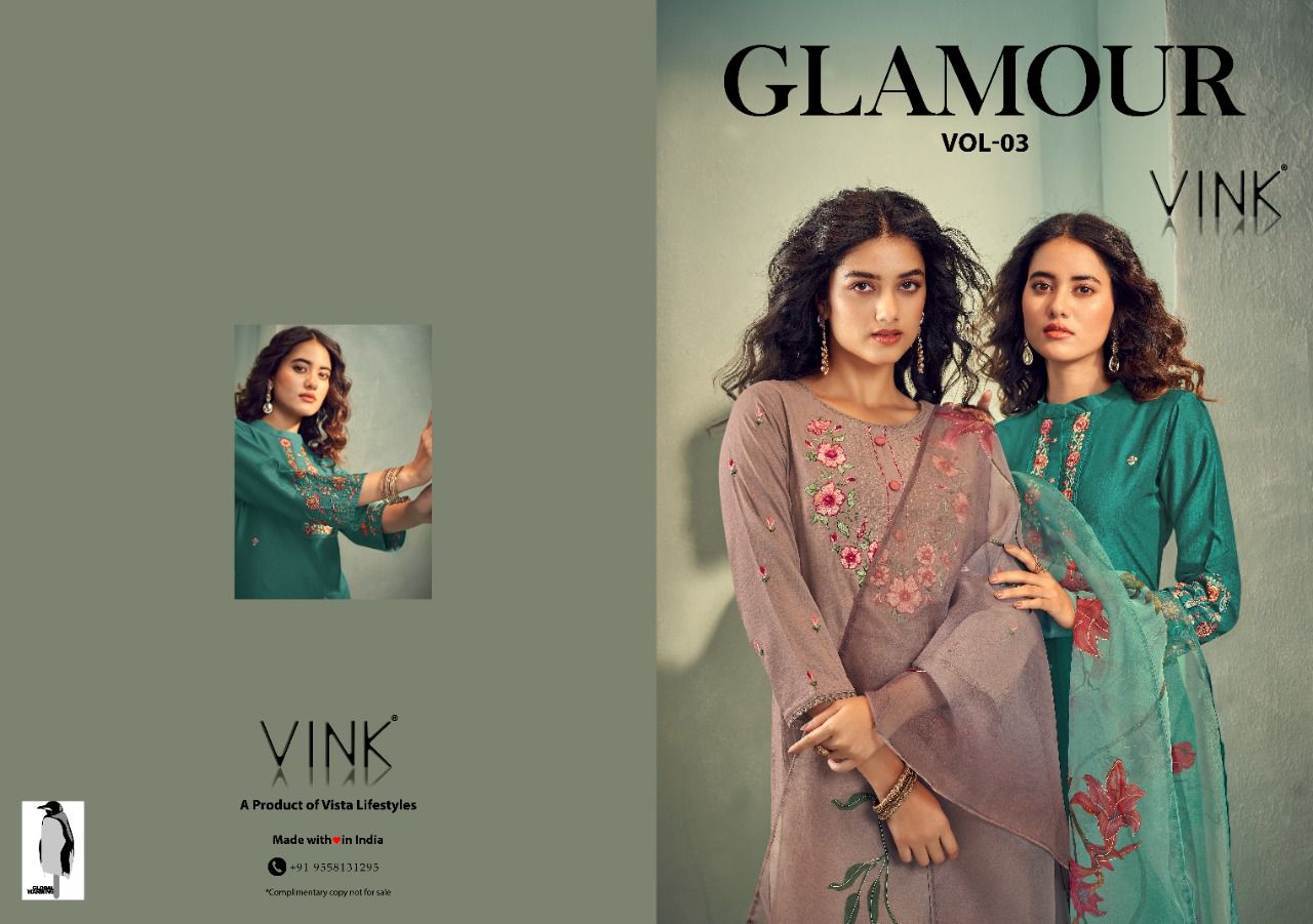 vink glamour silk astonishing look top with pant and dupatta catalog