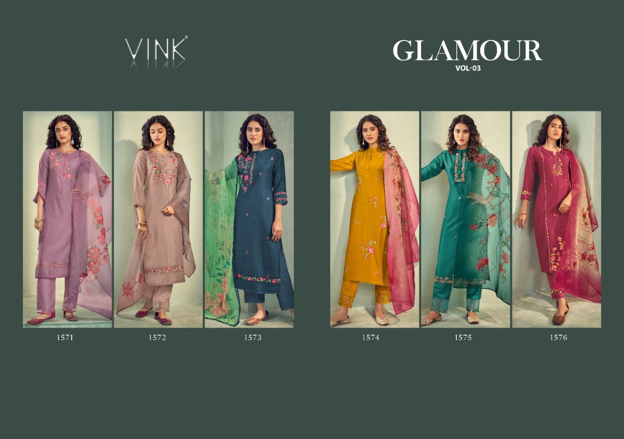 vink glamour silk astonishing look top with pant and dupatta catalog