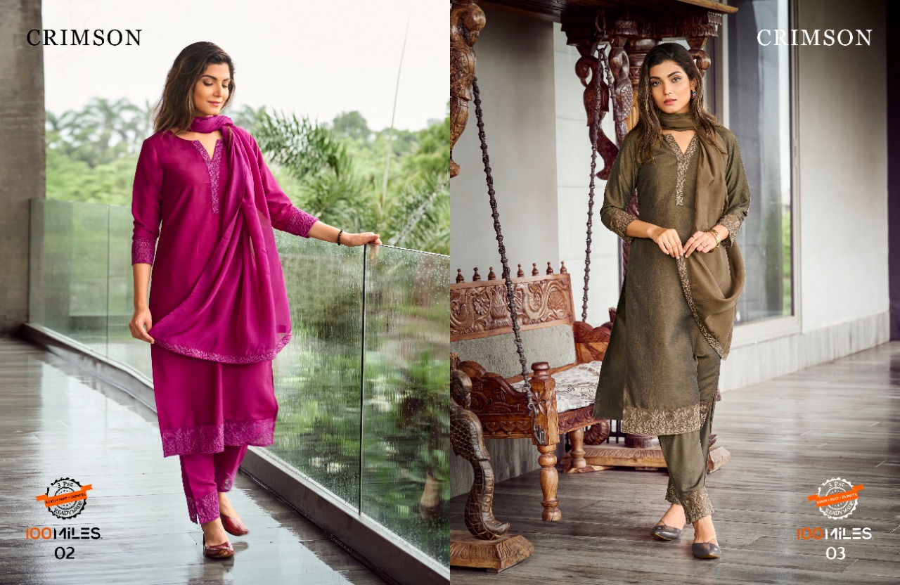 100 miles crimson fancy new and modern style top with pant and dupatta catalog