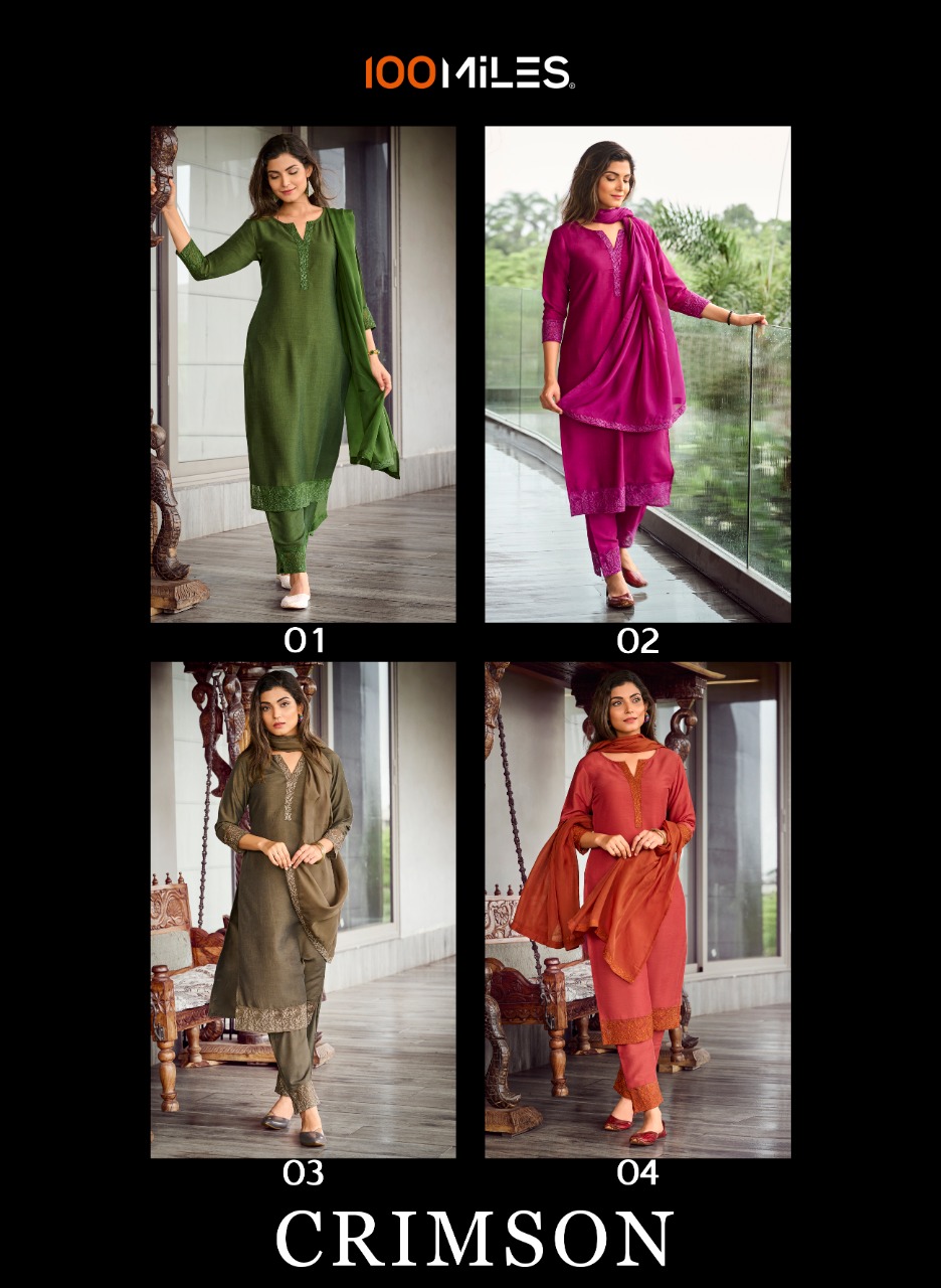 100 miles crimson fancy new and modern style top with pant and dupatta catalog