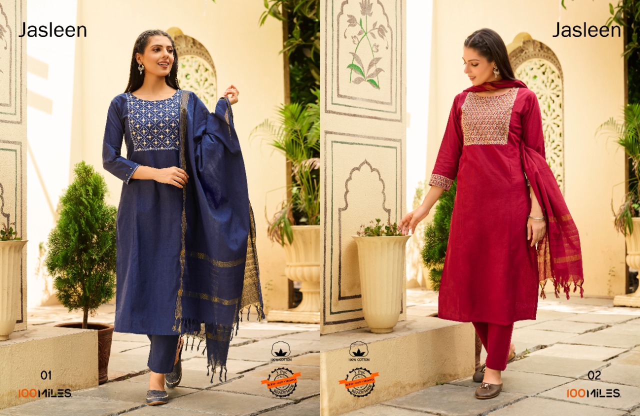 100 miles jasleen cotton new and modern style top bottom with dupatta catalog