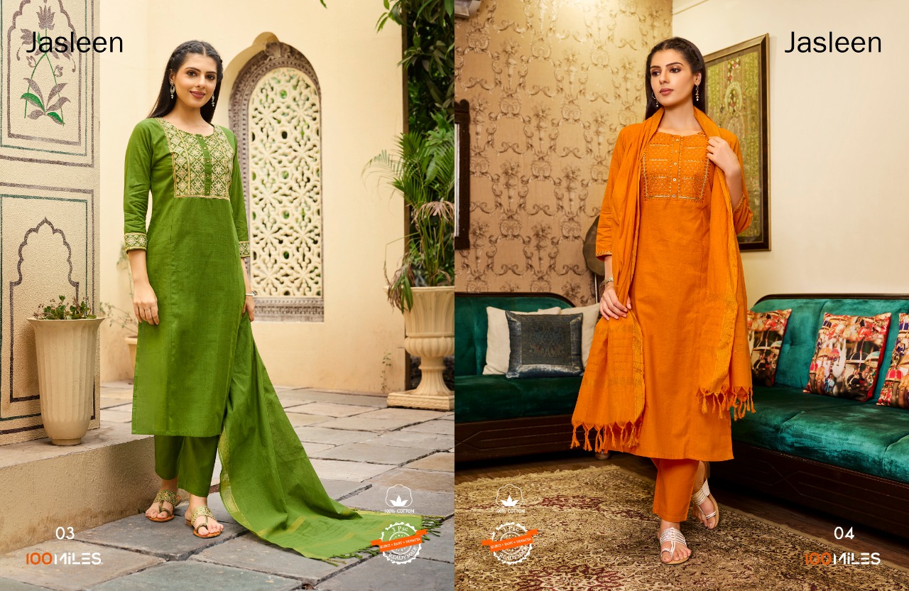 100 miles jasleen cotton new and modern style top bottom with dupatta catalog