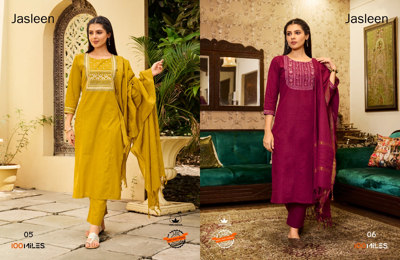 100 miles jasleen cotton new and modern style top bottom with dupatta catalog