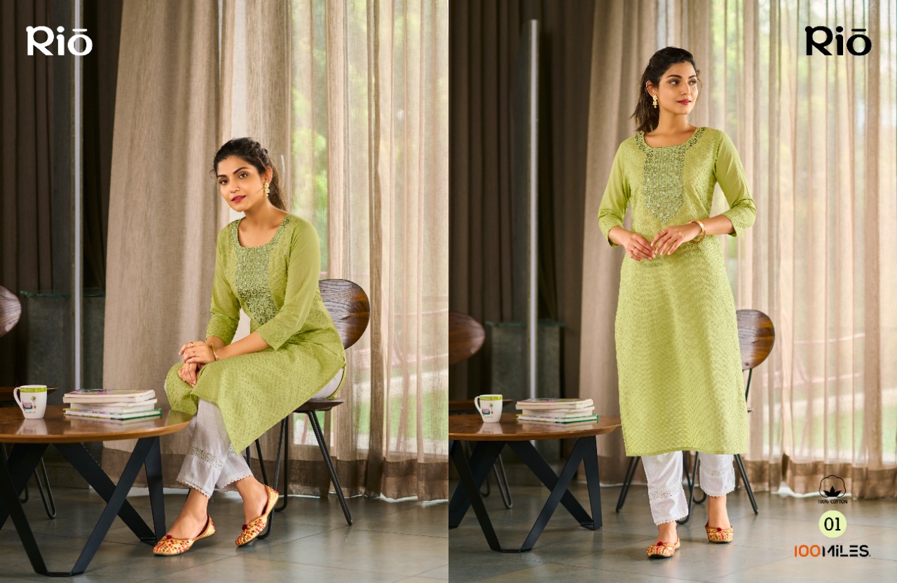 100 Miles rio Pure Cotton  decent embrodairy look kurti catalog