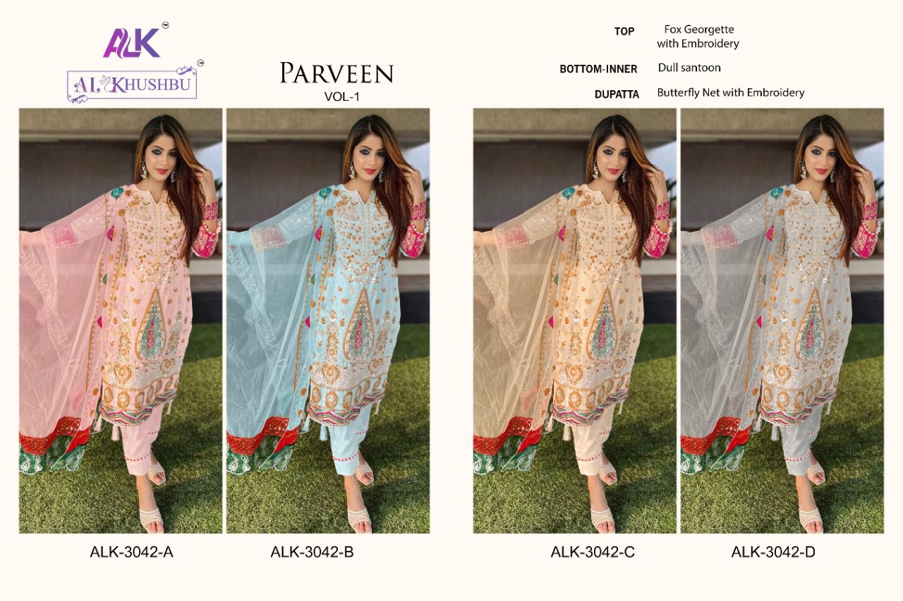 al khushbu praveen vol  1 d no3042 a b c  d  georgette elegant salwar suit catalog