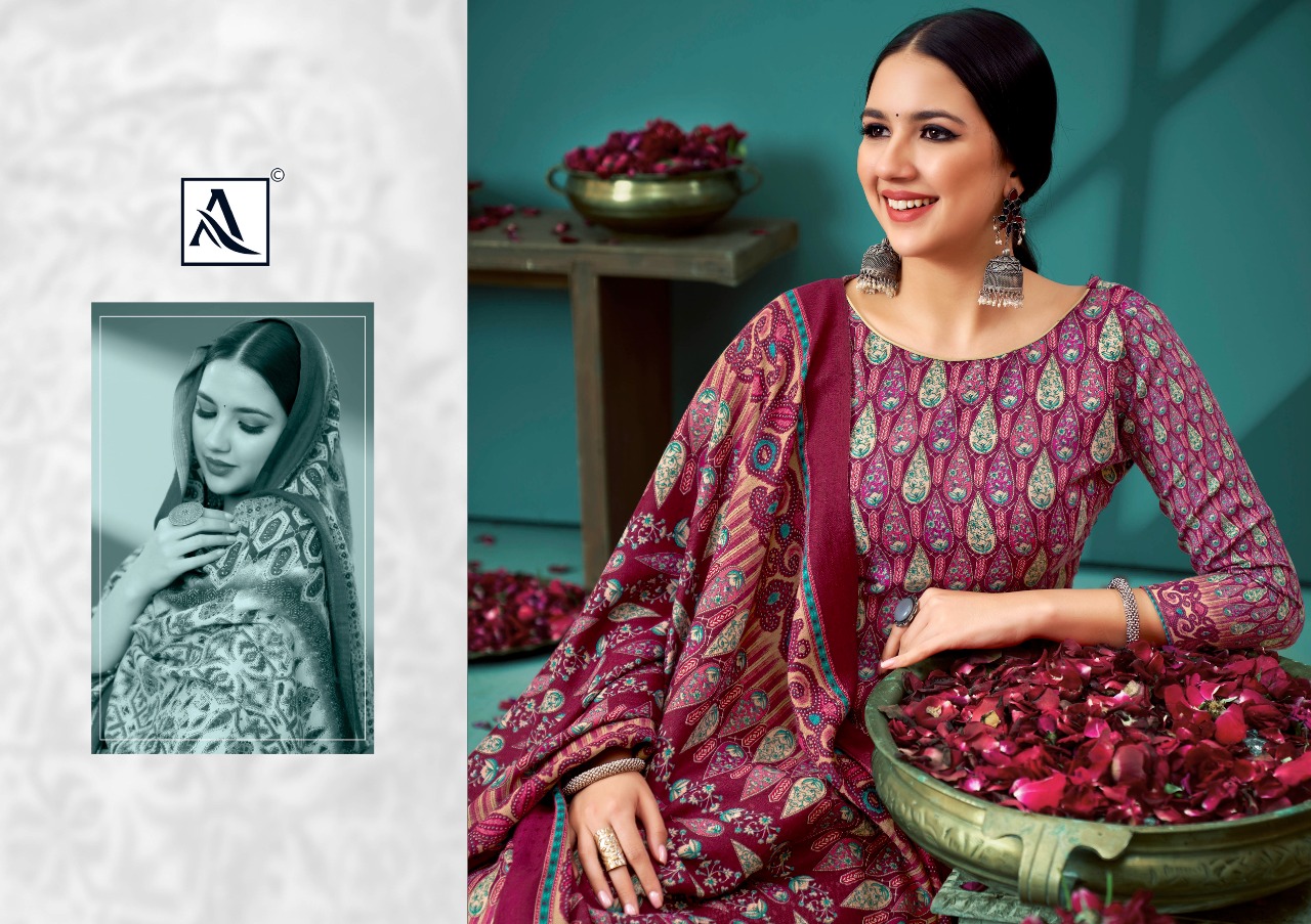 alok suit harshit fashion gulmohar pure wool pashmina attrective look salwar suit catalog