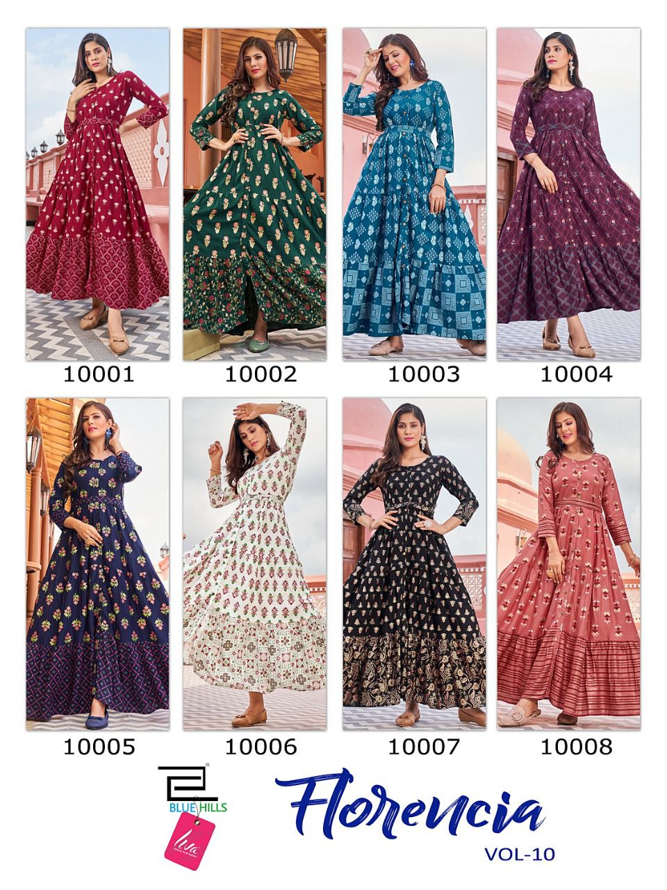 blue hills Florencia vol 10 rayon astonishing look Long frill gown catalog