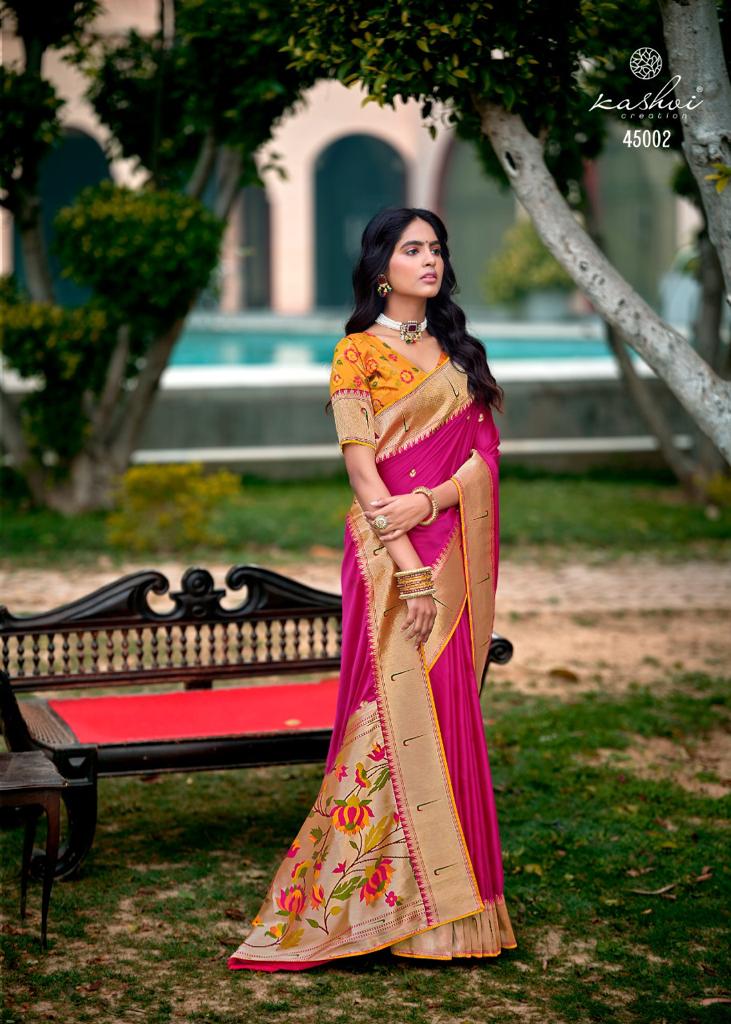 lt kashvi creation saffron silk decent look saree catalog
