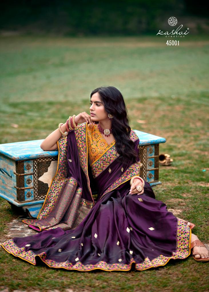 lt kashvi creation saffron silk decent look saree catalog