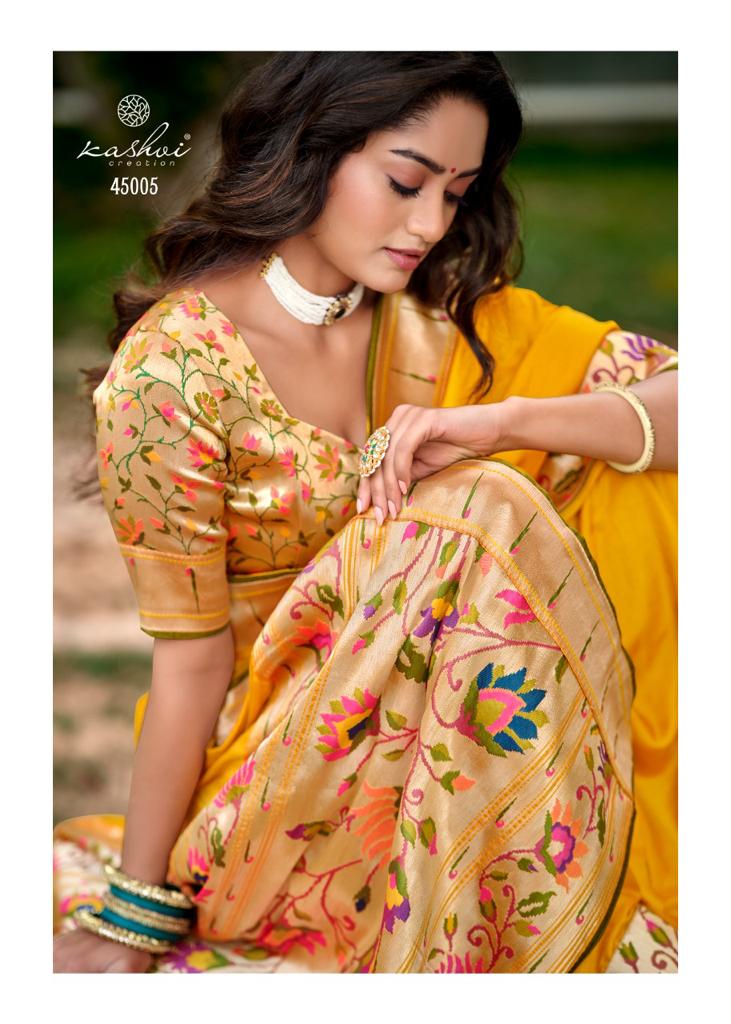 lt kashvi creation saffron silk decent look saree catalog