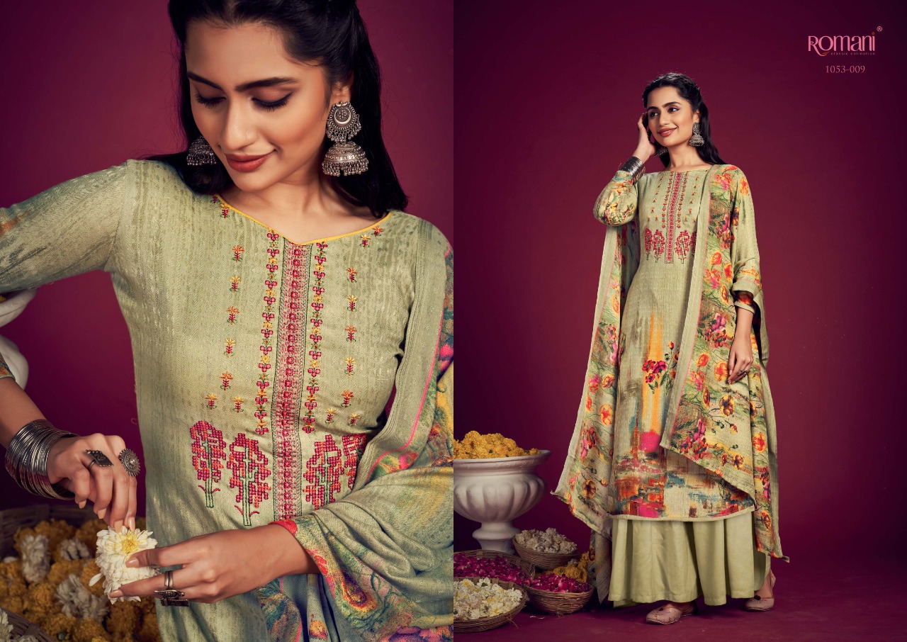 romani jhalak pashmina decent embroidery look salwar suit catalog