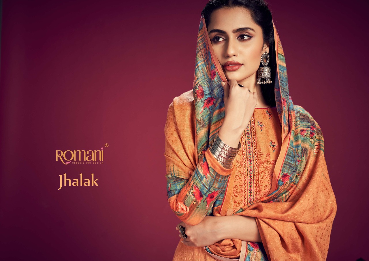 romani jhalak pashmina decent embroidery look salwar suit catalog