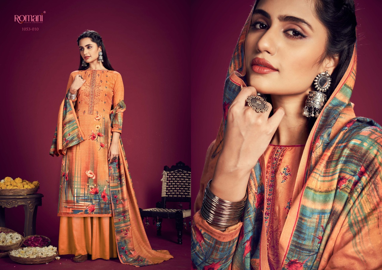 romani jhalak pashmina decent embroidery look salwar suit catalog