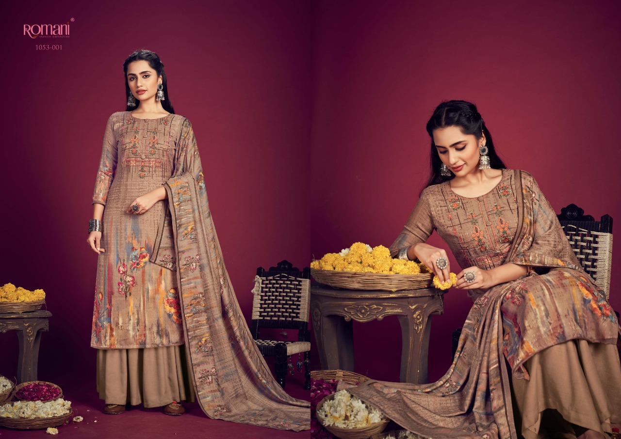 romani jhalak pashmina decent embroidery look salwar suit catalog