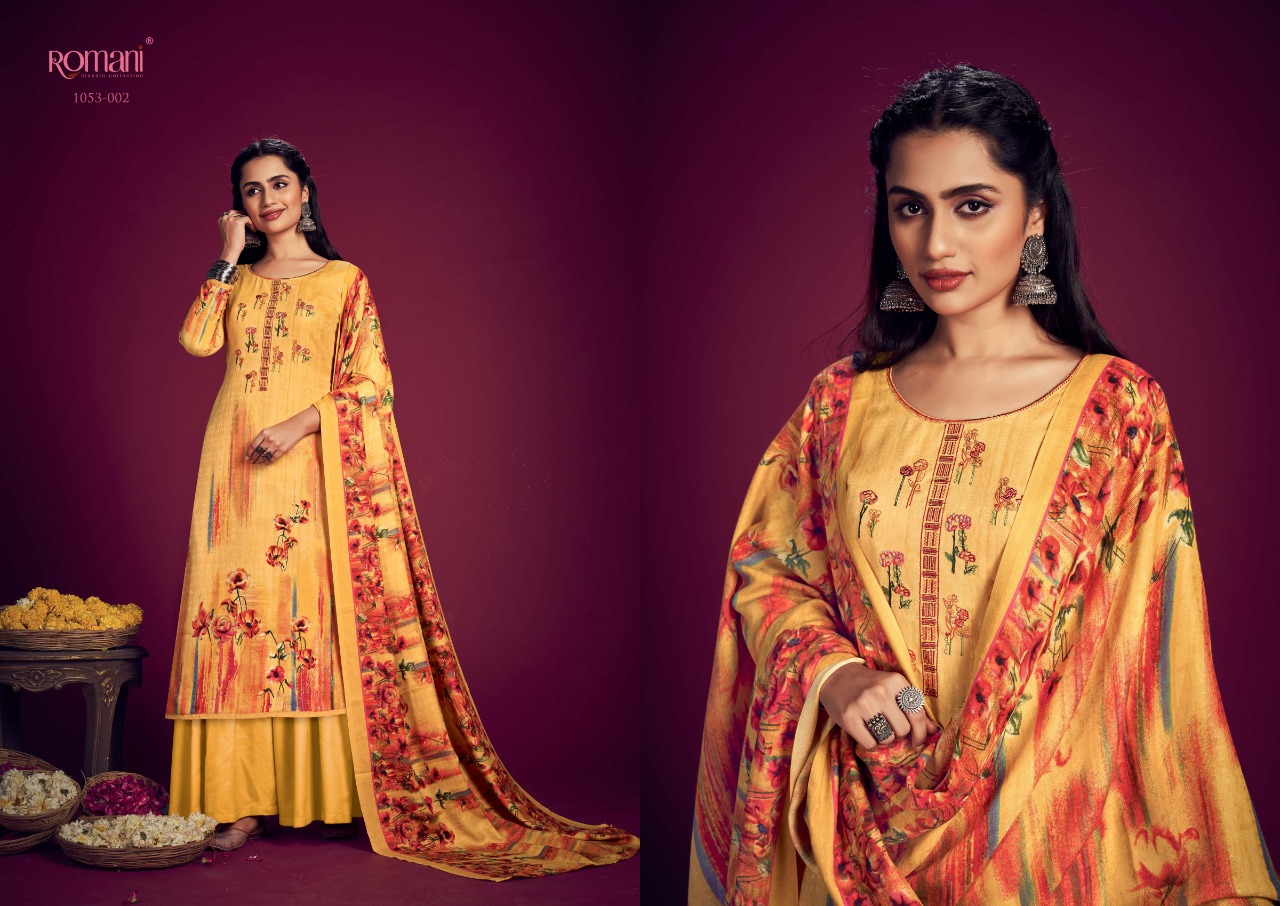 romani jhalak pashmina decent embroidery look salwar suit catalog