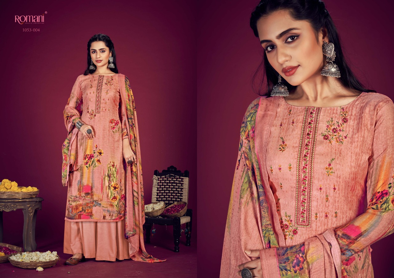 romani jhalak pashmina decent embroidery look salwar suit catalog