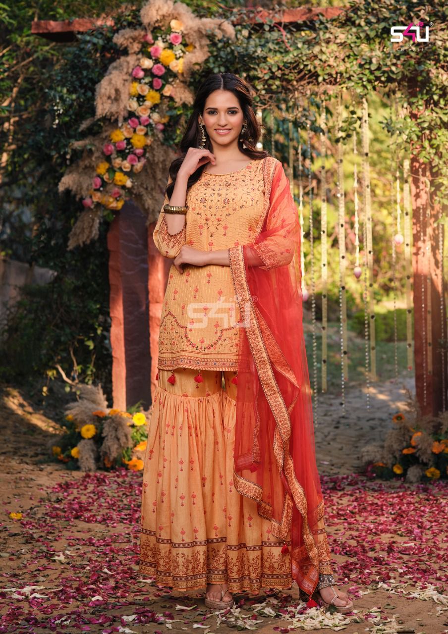 s4u afreen chinon festive look top with sharara catalog