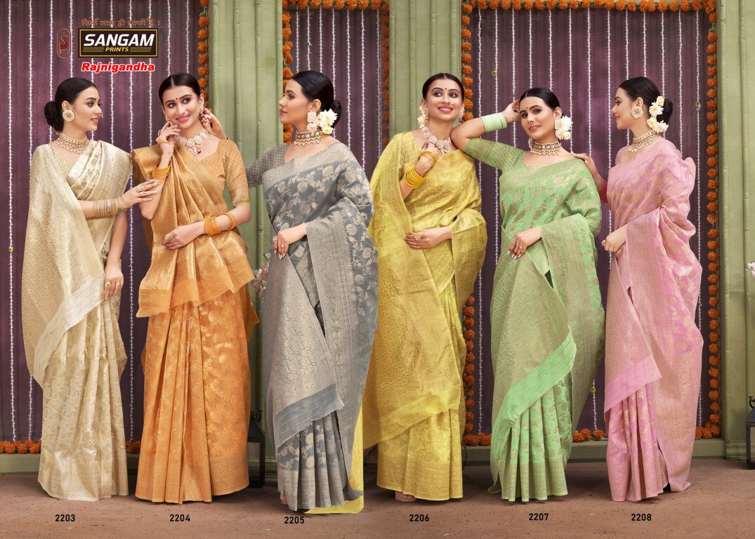 sangam print rajnigandha linen innovative look saree catalog