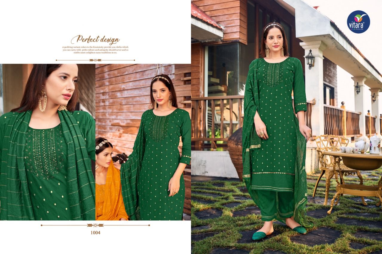 vitara fashion ceremony viscose decent embroidery look top with pant and dupatta catalog