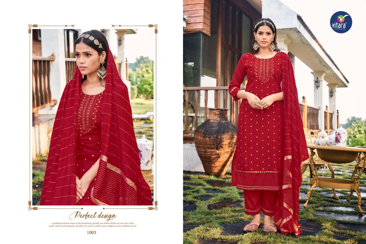 vitara fashion ceremony viscose decent embroidery look top with pant and dupatta catalog