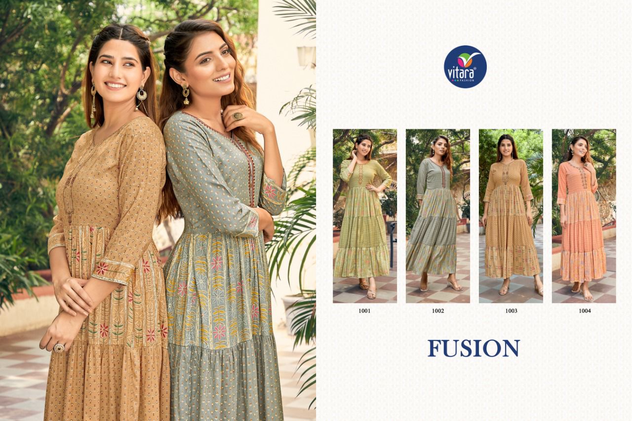 vitara fashion fusion reyon elegant long kurti catalog