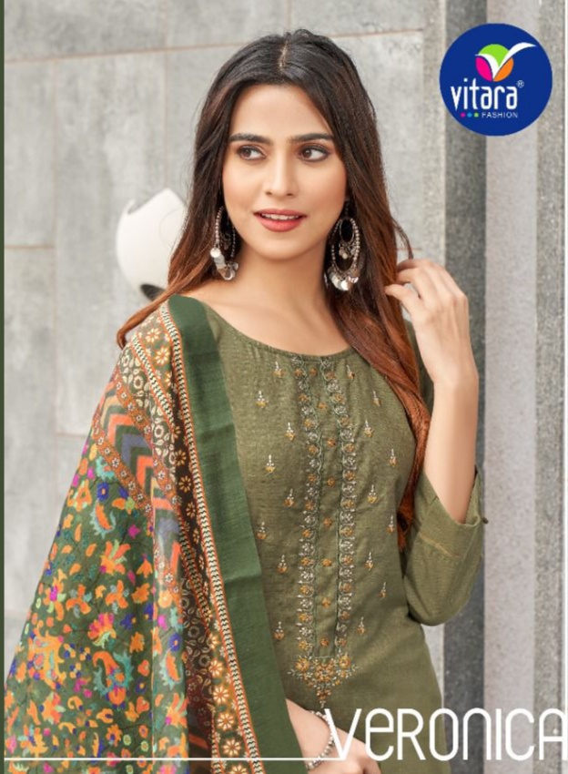 vitara fashion veronica rubby slub decent embroidery look top with pant and dupatta catalog