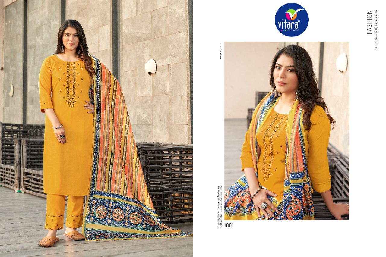 vitara fashion veronica rubby slub decent embroidery look top with pant and dupatta catalog