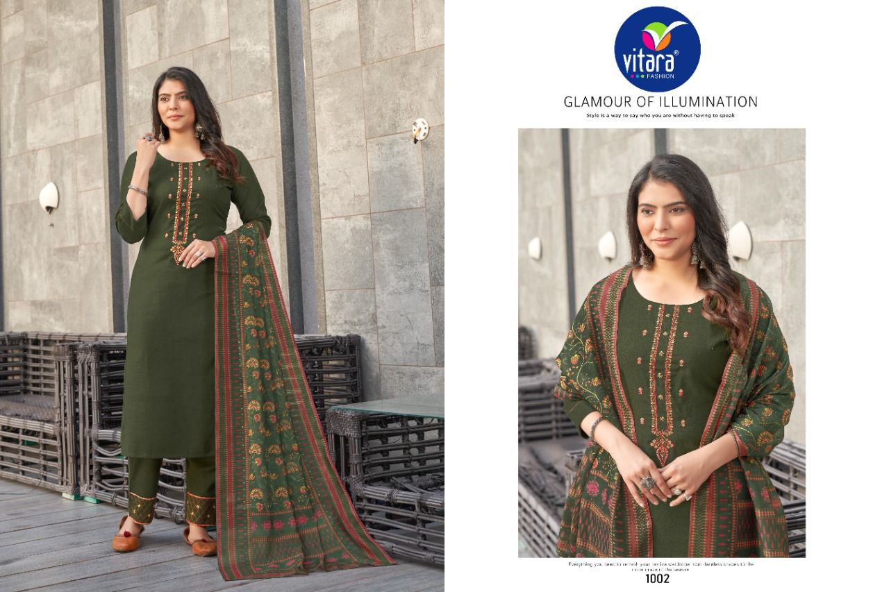 vitara fashion veronica rubby slub decent embroidery look top with pant and dupatta catalog