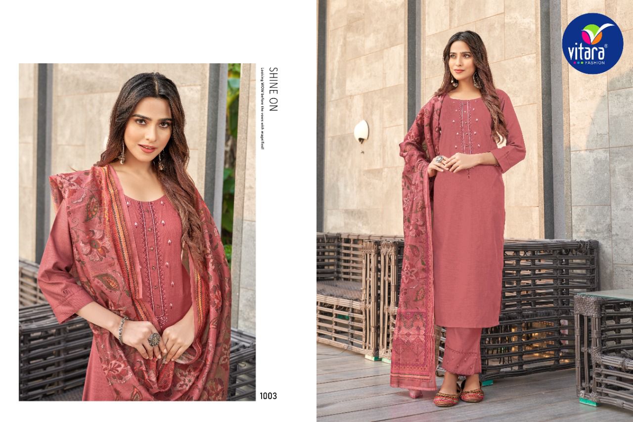 vitara fashion veronica rubby slub decent embroidery look top with pant and dupatta catalog