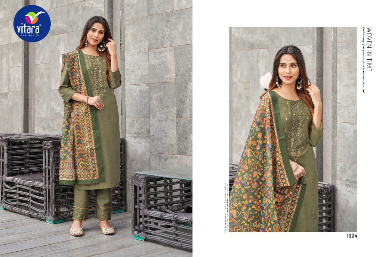 vitara fashion veronica rubby slub decent embroidery look top with pant and dupatta catalog