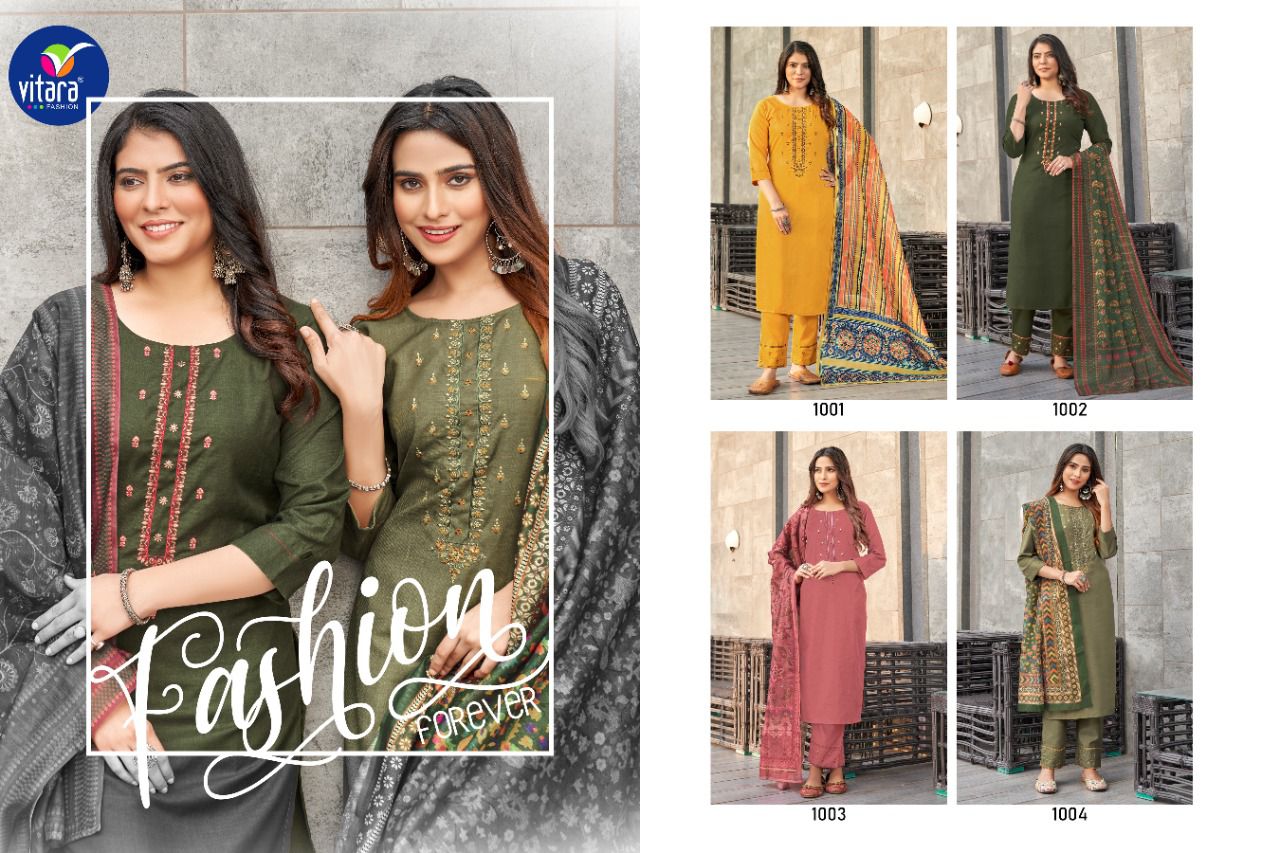 vitara fashion veronica rubby slub decent embroidery look top with pant and dupatta catalog