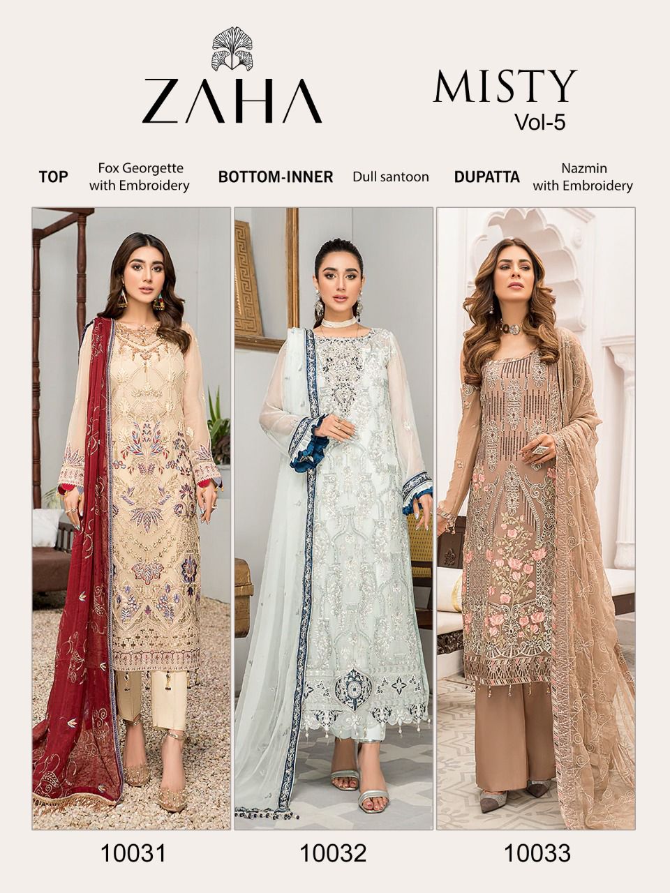 zaha misty vol 5 DNO 10031 10032 10033 georgette gorgous look salwar suit catalog