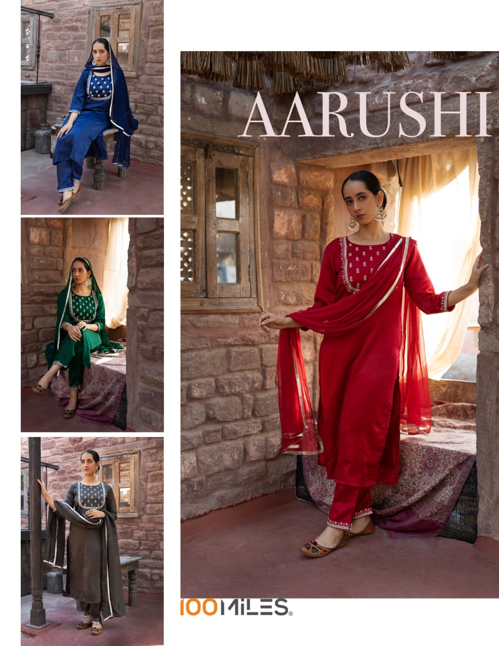 100 miles aarushi velvel decent embroidery look top bottom with dupatta catalog