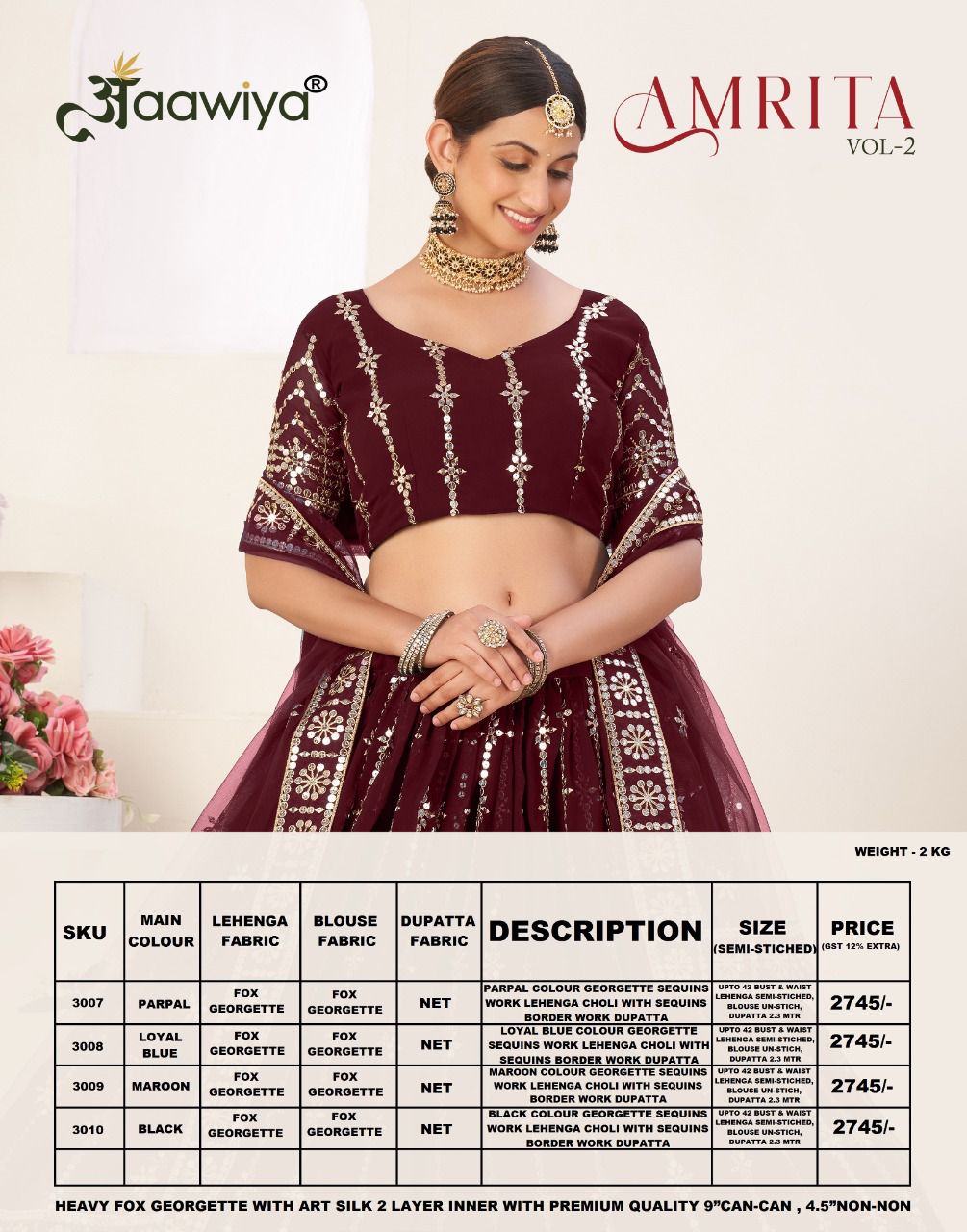 aawiya official amrita vol 2 georgette festive look lehnga catalog