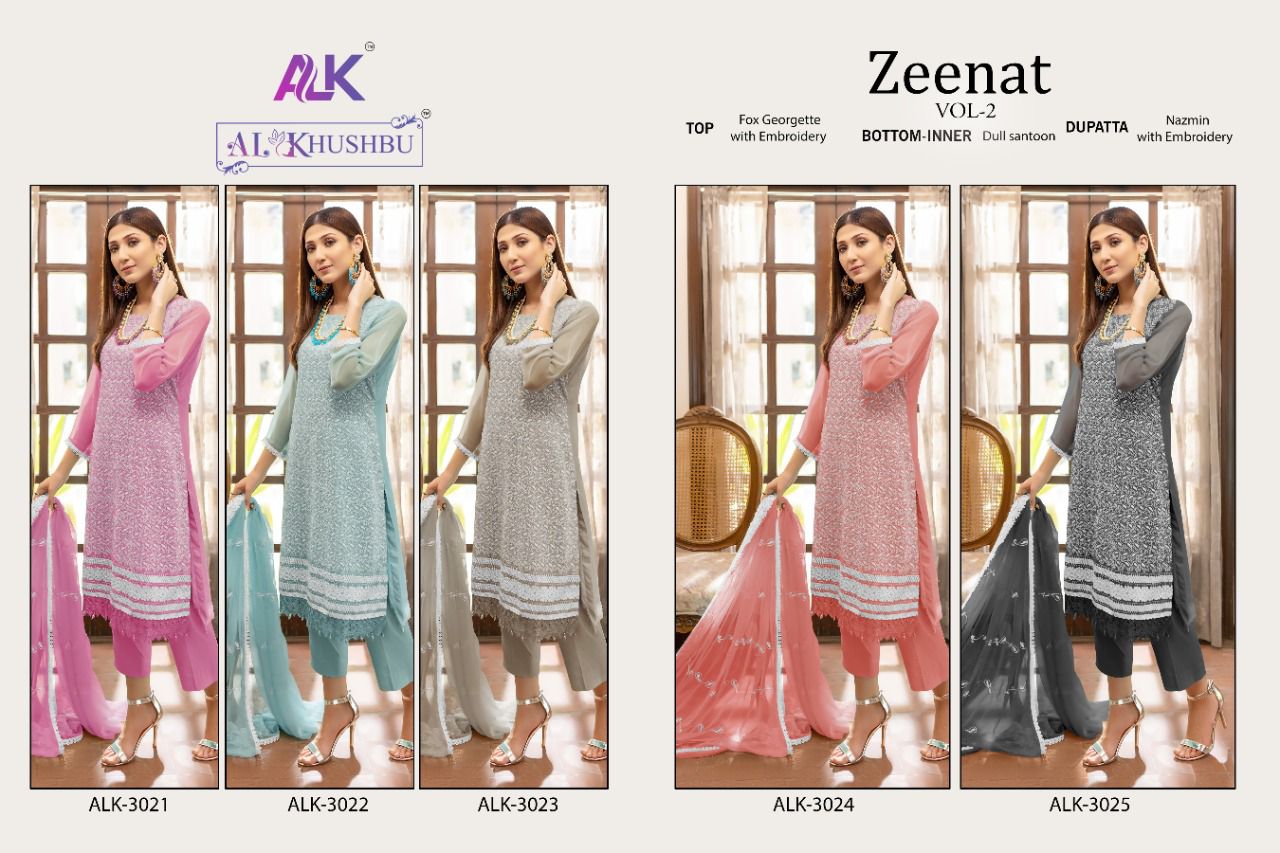 al khushbu Zeenat VOL 2 Dno 3021 3022 3023 3024 3025 georgette regal look salwar suit catalog