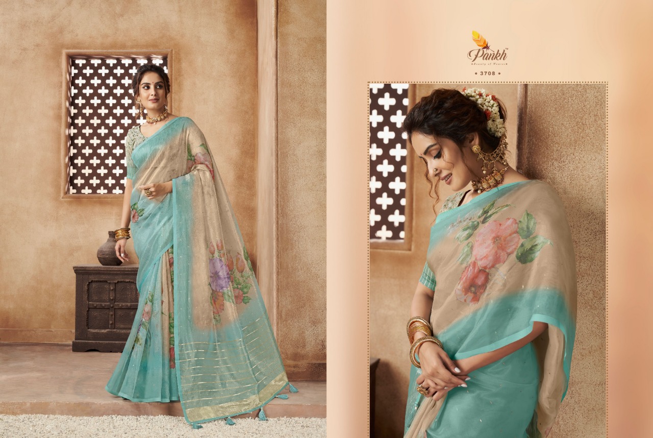 pink lotus pankh chappa vol 3 organza exclusive print saree catalog