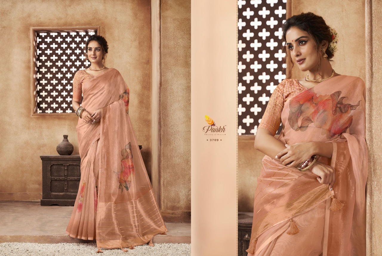 pink lotus pankh chappa vol 3 organza exclusive print saree catalog